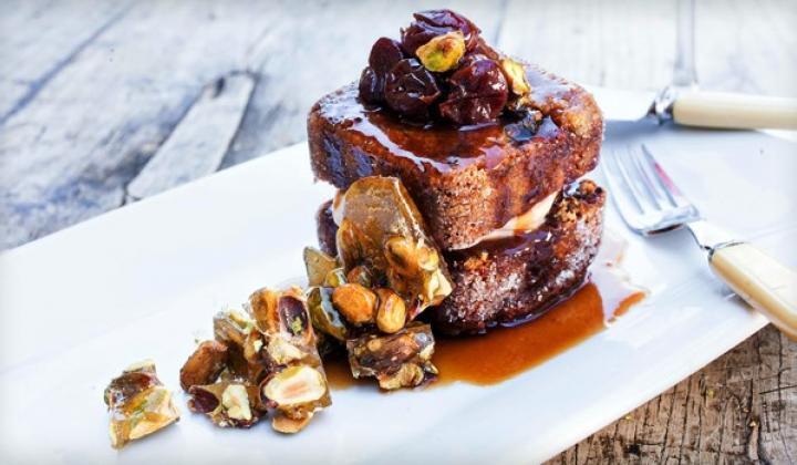 Pistachio Cakes with Cherry Rum Sauce and Pistachio Bittle